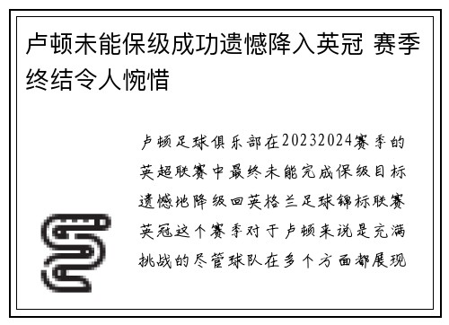 卢顿未能保级成功遗憾降入英冠 赛季终结令人惋惜